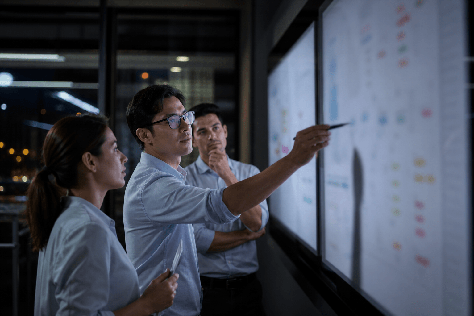 Engineers reviewing an operations board